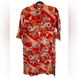 Vintage Morgin 1960's Red Orange Womens Floral Print Long Maxi Housecoat Sz M/L